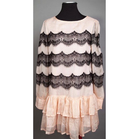Gracia Dresses & Skirts - Peach / pink chiffon and black lace stripe dress